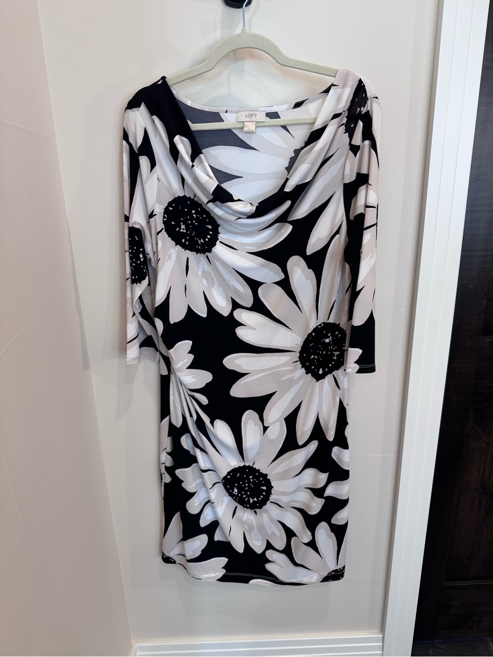 Ann Taylor LOFT Black & White Daisy Cowl Neck Midi Dress